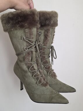 ☆Splash Olive Green Suede Fur Lace-Up Heeled Boots☆